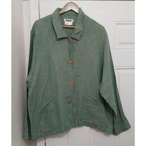 Flax Jackets & Blazers - Flax womens large 100% linen jacket Light button sage green Luxury Spring
